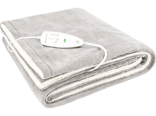 Charger l&#39;image dans la galerie, Une couverture chauffante grise pliée avec un panneau de commande blanc. La couverture est sur fond blanc.
