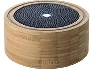 Purificateur d'air en bambou avec dessus en maille bleue et lumière.