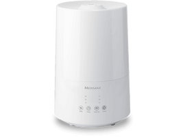 Humidificateur blanc avec boutons alimentation, minuterie, intensité et chaleur. Forme cylindrique, base ronde.