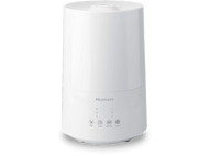 Humidificateur blanc avec boutons alimentation, minuterie, intensité et chaleur. Forme cylindrique, base ronde.