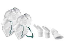 Charger l&#39;image dans la galerie, Deux masques faciaux en plastique transparent et trois connecteurs en plastique blanc et une buse.
