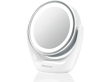 Charger l&#39;image dans la galerie, Miroir de maquillage blanc et circulaire. Il a une lumière vive autour des bords et une base blanche.
