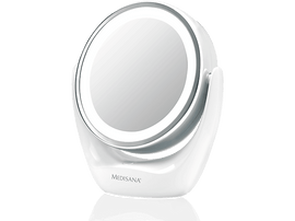 Miroir de maquillage blanc et circulaire. Il a une lumière vive autour des bords et une base blanche.