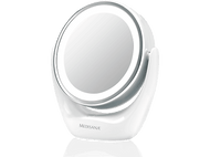 Miroir de maquillage blanc et circulaire. Il a une lumière vive autour des bords et une base blanche.