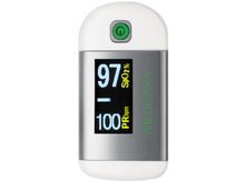 Charger l&#39;image dans la galerie, Appareil médical : un oxymètre blanc avec un écran affichant les valeurs SpO2 et PR, et un bouton d&#39;alimentation vert.
