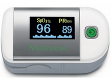 Charger l&#39;image dans la galerie, Un oxymètre de pouls Medisana affiche SpO2 96% et PR 89 bpm sur un écran numérique, bouton vert marche/arrêt.
