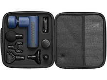 Charger l'image dans la galerie, Un pistolet de massage bleu dans un étui noir, avec divers accessoires et pièces jointes.
