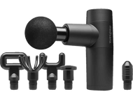 Un pistolet de massage Medisana noir avec accessoires sur fond noir.