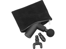 Charger l'image dans la galerie, Pistolet de massage noir avec accessoires à côté d'une pochette zippée noire, le tout sur fond blanc.
