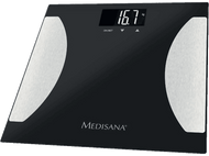 Balance de salle de bain numérique noire. Sections blanches de chaque côté. Affiche 16,7 kg.