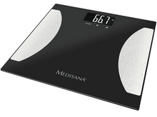 Charger l&#39;image dans la galerie, Une balance numérique noire avec des plateformes blanches et le mot &#39;MEDISANA&#39;.

