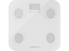 Charger l&#39;image dans la galerie, Balance numérique blanche avec quatre cercles argentés, un écran affichant 64,2 kg et le logo &#39;medisana&#39;.
