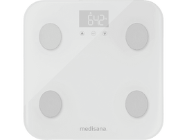 Balance numérique blanche avec quatre cercles argentés, un écran affichant 64,2 kg et le logo 