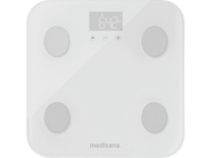 Balance numérique blanche avec quatre cercles argentés, un écran affichant 64,2 kg et le logo 'medisana'.