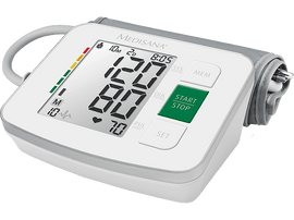 Moniteur de pression artérielle numérique. Affiche 120/80, pouls 70. Possède un bouton vert Démarrer/Arrêter.