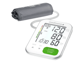 Moniteur de pression artérielle avec brassard. Affichage des lectures. Corps blanc, brassard gris.