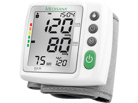 Moniteur de pression artérielle. Affiche les lectures : 120/80, pouls 75. Bracelet gris. Fond blanc.