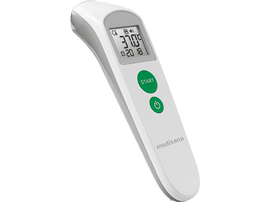 Thermomètre numérique blanc avec bouton de démarrage vert. Il affiche la température : 37,0°C.