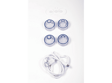 Charger l&#39;image dans la galerie, Composants du kit d&#39;élimination des points noirs. Quatre ventouses bleues, un câble USB et des anneaux.
