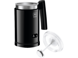 Un mousseur à lait noir et argenté avec couvercle et accessoire de moussage.