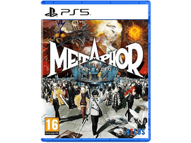 Illustration de la boîte du jeu Metaphor: Refantazio. Des personnages se tiennent devant une structure ; un grand titre est devant.