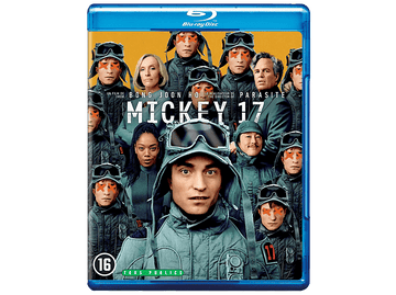 Couverture du film Mickey 17. Plusieurs acteurs en tenues militaires, avec le titre au centre. Logo Blu-ray en haut.