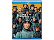 Couverture du film Mickey 17. Plusieurs acteurs en tenues militaires, avec le titre au centre. Logo Blu-ray en haut.