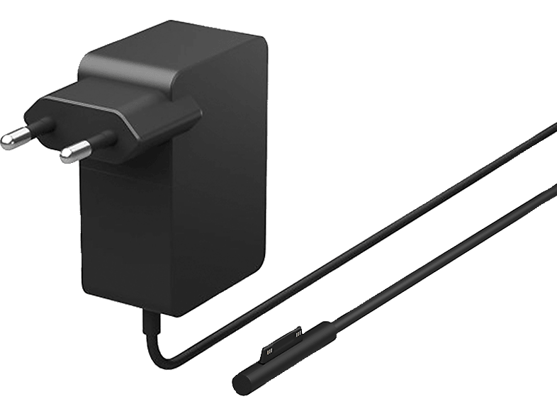 Adaptateur secteur noir avec deux broches et un câble noir. Il se connecte à un boîtier noir.