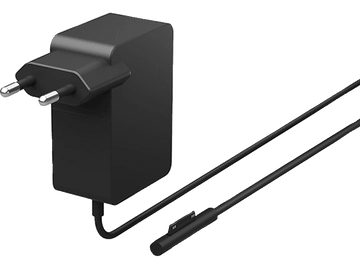Adaptateur secteur noir avec deux broches et un câble noir. Il se connecte à un boîtier noir.