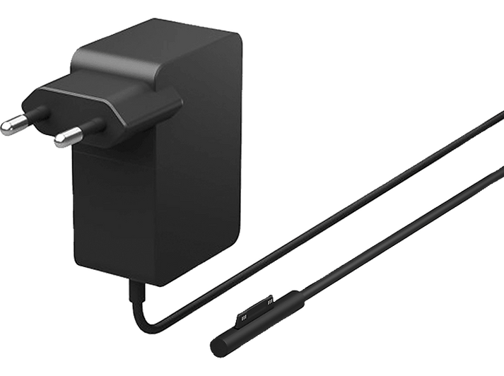 Adaptateur secteur noir avec deux broches et un câble noir. Il se connecte à un boîtier noir.