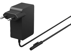 Adaptateur secteur noir avec deux broches et un câble noir. Il se connecte à un boîtier noir.