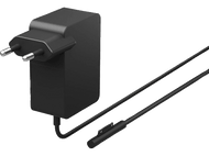 Adaptateur secteur noir avec deux broches et un câble noir. Il se connecte à un boîtier noir.