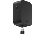 Chargeur Microsoft 45W noir avec câble USB-C sur fond noir. Le chargeur porte le logo Microsoft.