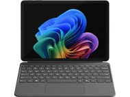 Une tablette avec clavier. L'écran affiche un design abstrait coloré. Le clavier est gris foncé.