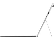 Charger l&#39;image dans la galerie, Tablette argentée avec clavier marron foncé. La tablette est soutenue par un support noir.
