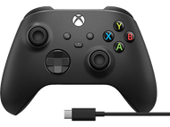 Manette Xbox noire avec boutons colorés, une croix directionnelle et un câble USB.