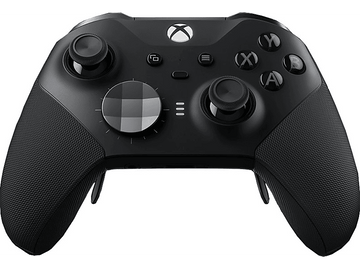 Manette Xbox noire. Boutons variés et molette argentée au milieu.