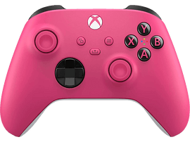 Manette Xbox rose avec boutons noirs et logo Xbox blanc.