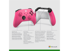 Charger l&#39;image dans la galerie, Manette Xbox rose; vues avant et arrière, avec étiquettes de fonctionnalités.
