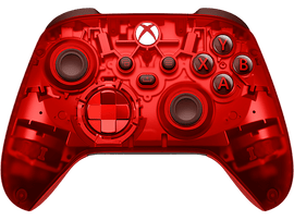 Manette Xbox rouge transparente sur fond noir. Boutons visibles, dont A, B, X, Y et une croix directionnelle.