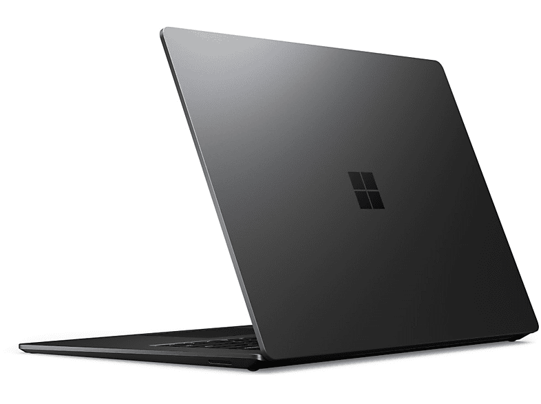 Ordinateur portable noir légèrement ouvert. Logo Microsoft visible à l'arrière. Sur fond blanc.