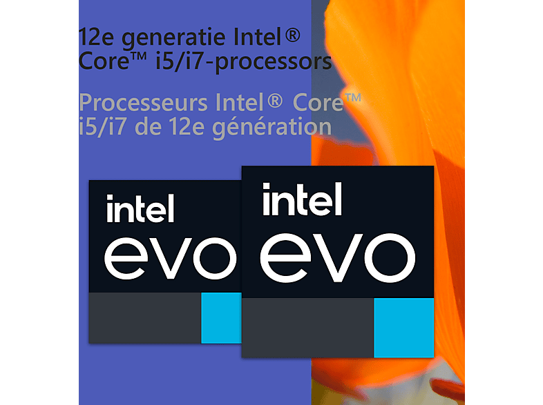 L'image présente le logo Intel Evo, du texte sur les processeurs et un fond de fleur orange, avec des carrés bleus et noirs.
