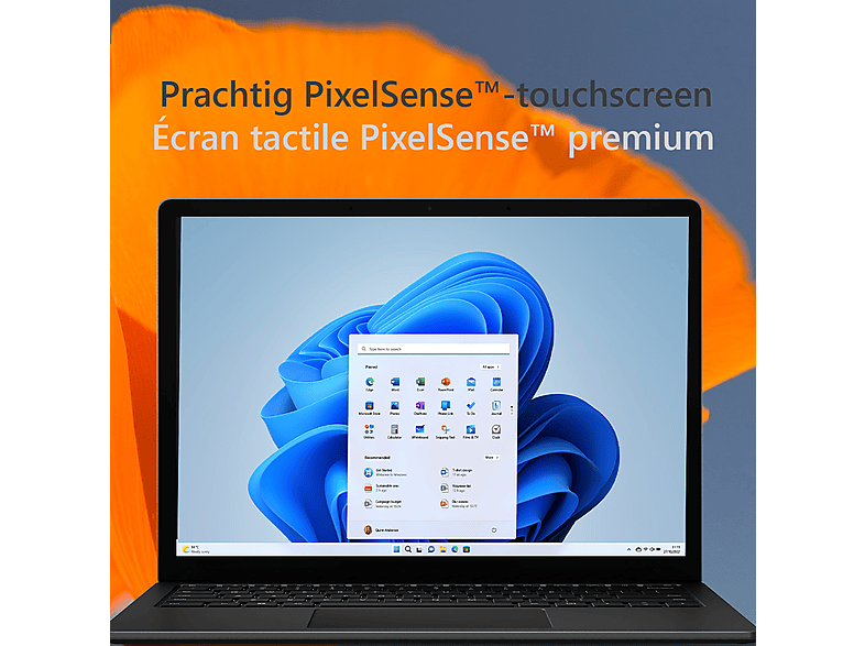Un ordinateur portable affiche une interface Windows. Un arrière-plan en dégradé orange et bleu entoure l'écran. Le texte dit 'PixelSense touchscreen'.