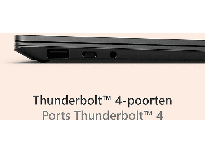 Profil latéral d'un ordinateur portable noir avec ports USB, Thunderbolt 4 et audio. Fond beige. Texte : Ports Thunderbolt 4.