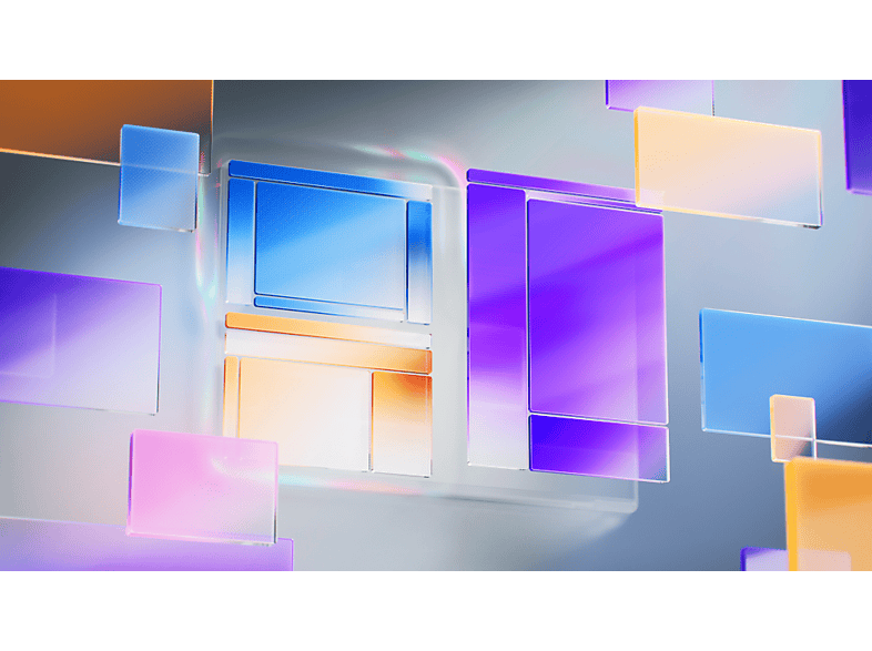 Image abstraite avec des formes rectangulaires transparentes et colorées flottant dans un espace gris clair. Éclairage doux et reflets présents.