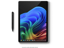 Charger l'image dans la galerie, Tablette noire et stylet sur une surface blanche. La tablette affiche une image bleue et violette.
