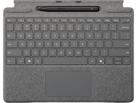 Clavier gris avec pavé tactile et stylet dessus. Fond blanc.