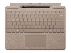 Accessoire clavier et pavé tactile. Couleur beige, avec un stylet noir dessus.