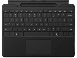 Clavier noir avec pavé tactile. Le clavier est pour une tablette, avec touches de fonction et trackpad.