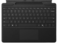 Clavier noir avec pavé tactile. Le clavier est pour une tablette, avec touches de fonction et trackpad.